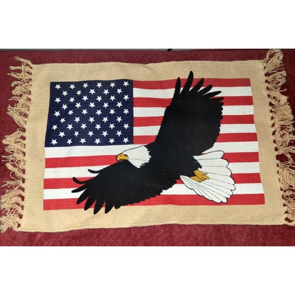 Placemat or Rug Co 19x13" Cotton Stencil American Flag Eagle Patriotic Fringed - Picture 1 of 3